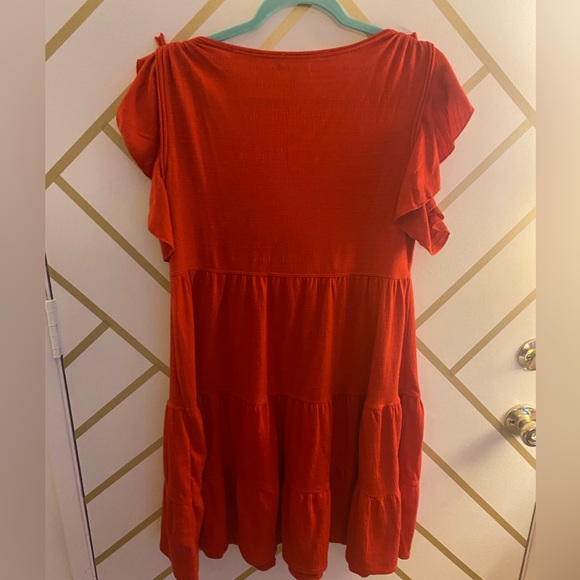 Max Studio Soft Red Tiered Spring Dress w/ Tied Flutter Sleeves - Picture 3 of 4